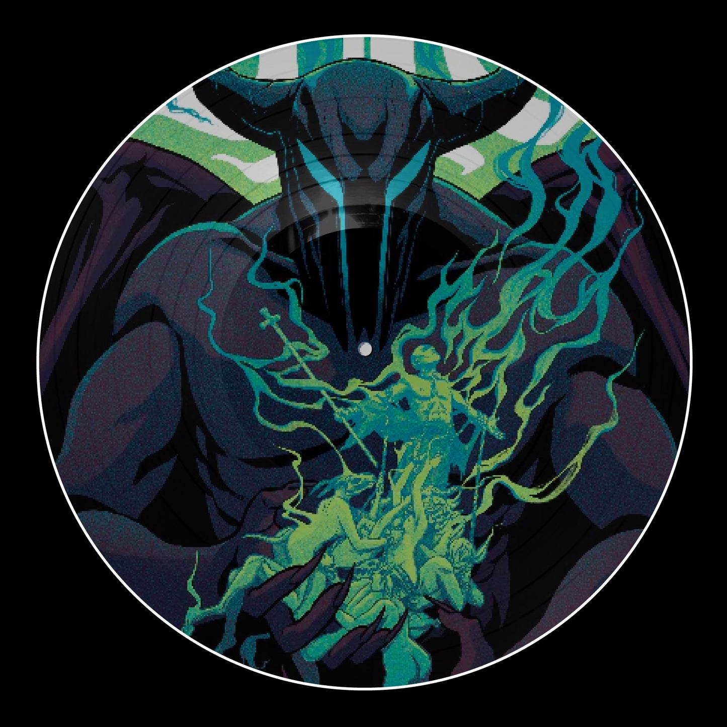Circular vinyl record featuring a dark, horned demon figure holding glowing green spectral figures.