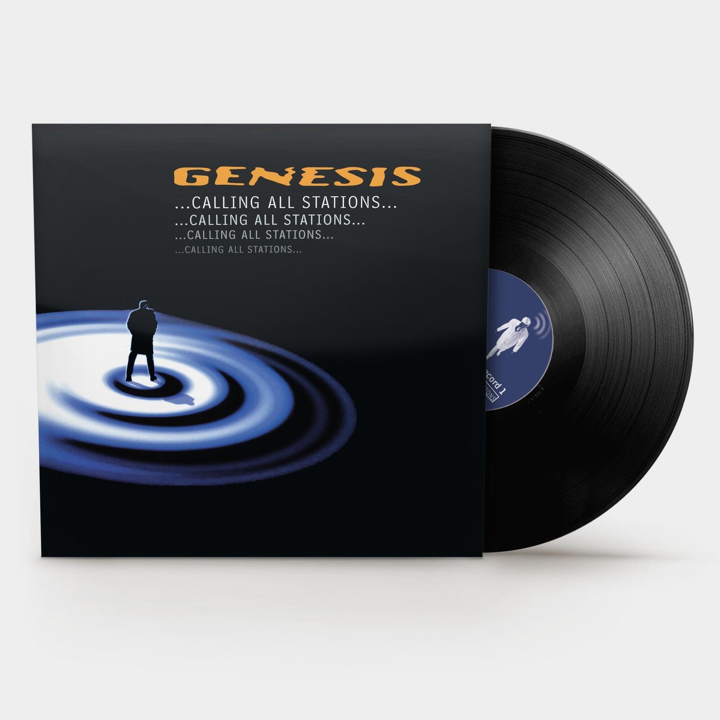 Genesis “Calling All Stations” vinyl record with blue ripple design.