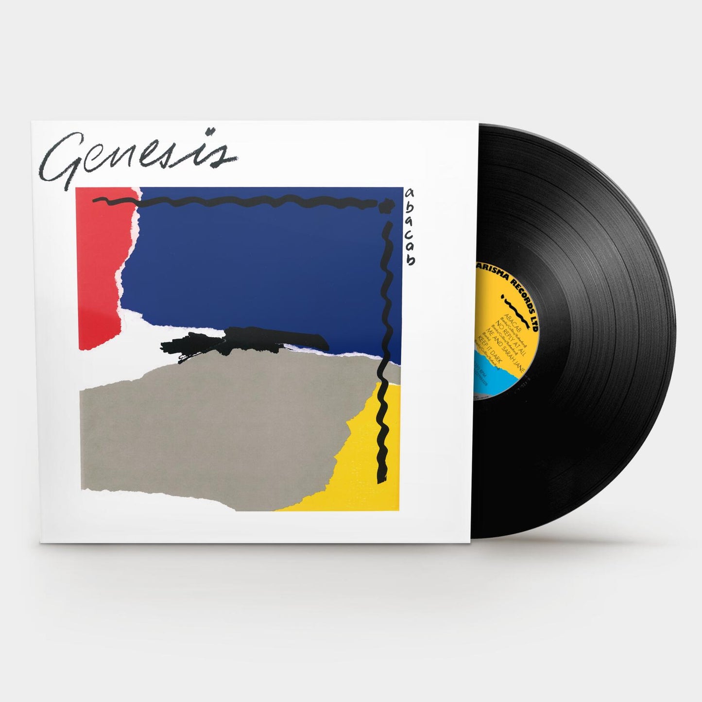 Genesis “Abacab” vinyl record with abstract, colorful cover art.