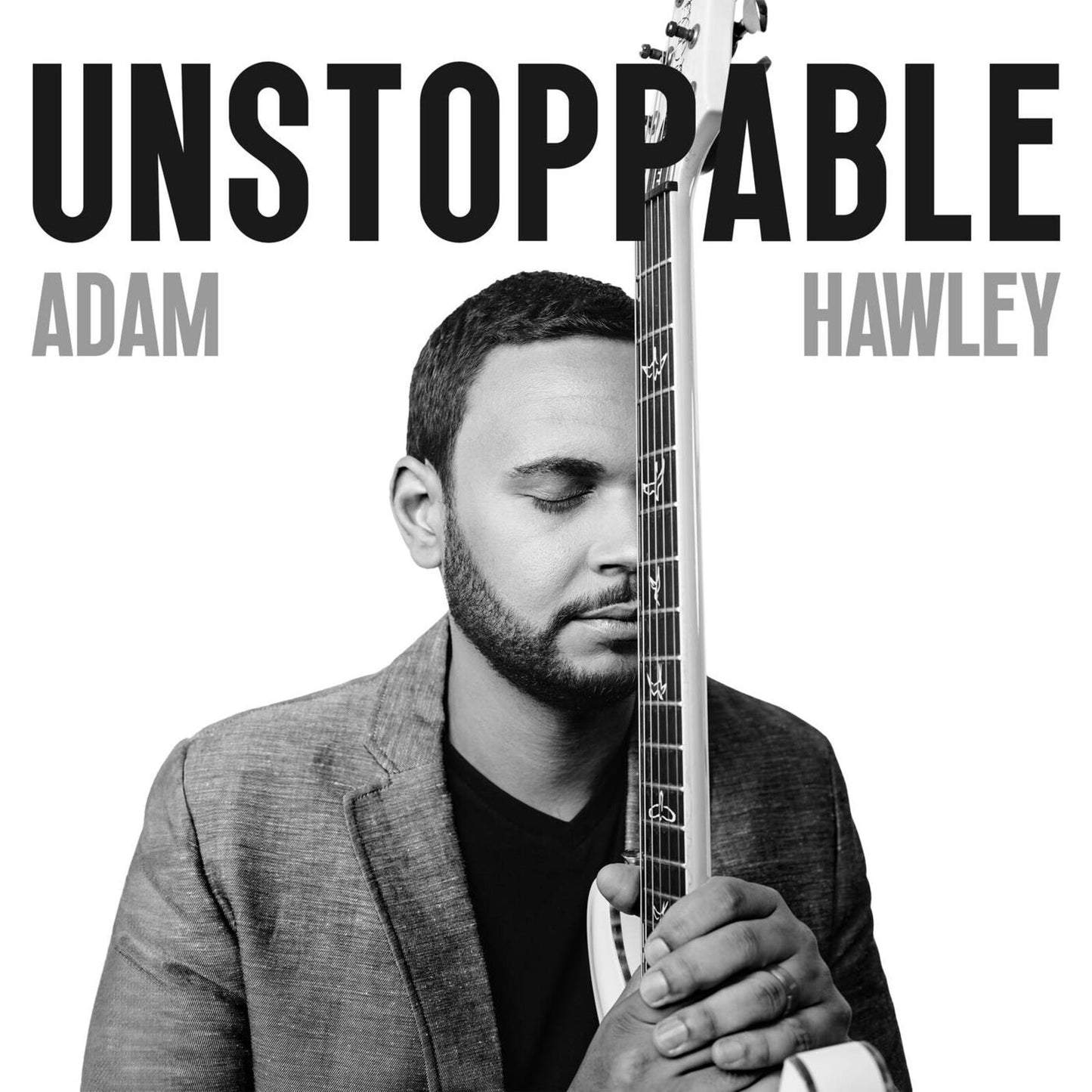 Black and white portrait of Adam Hawley with a guitar, album cover.