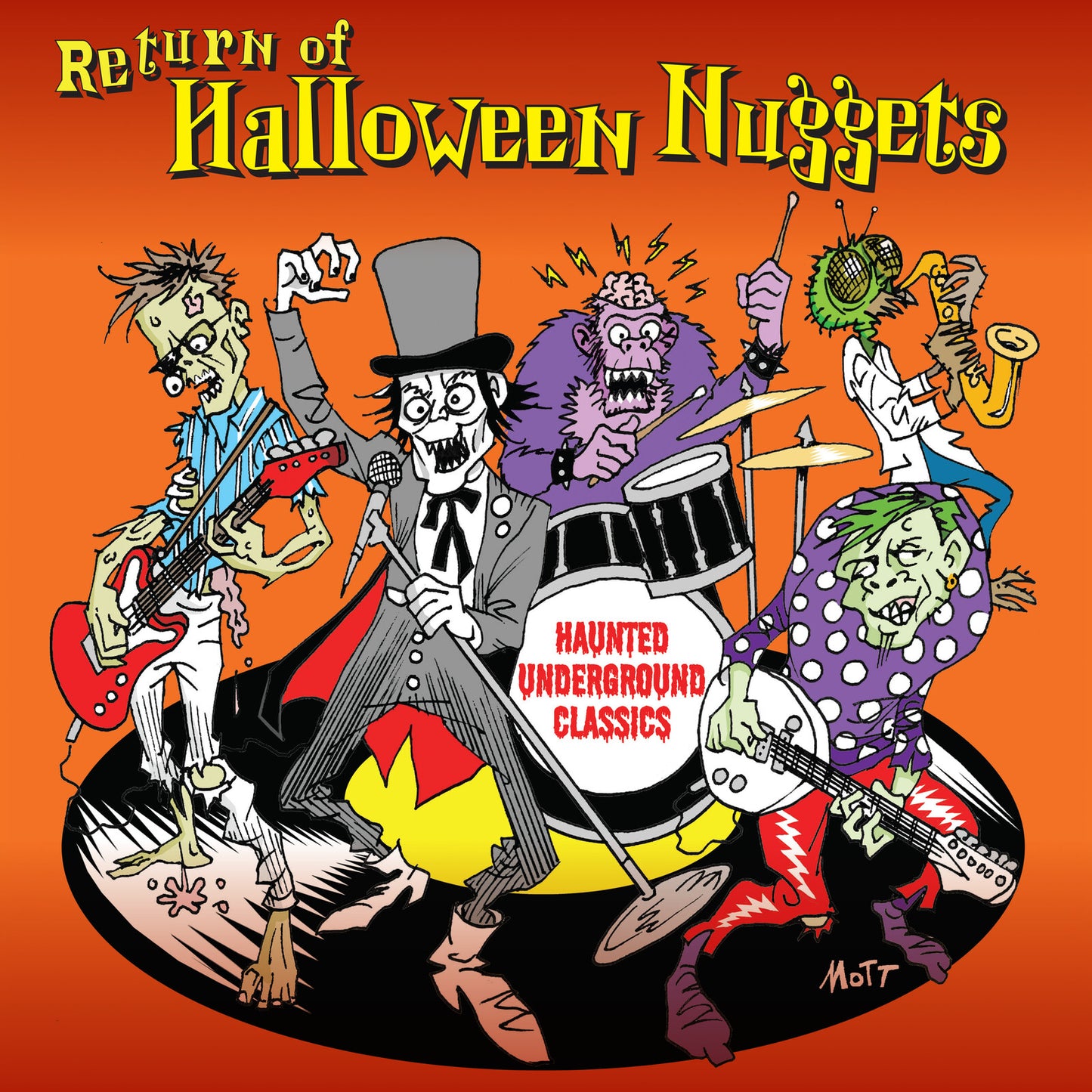 Cartoon monsters playing instruments on the album cover for "Halloween Nuggets".