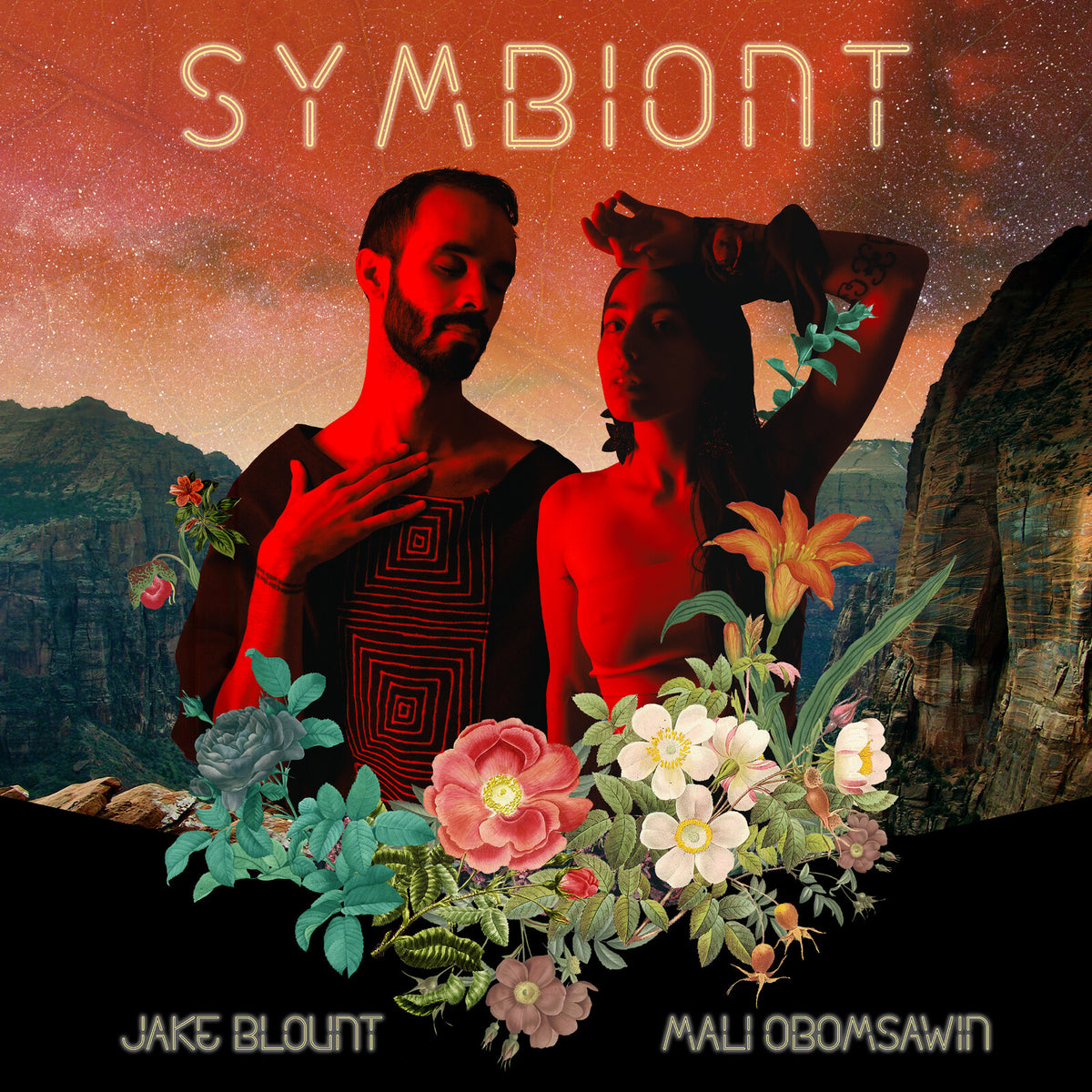 Album cover for "Symbiont" by Jake Blount and Mali Obomsawin, featuring two people and flowers.