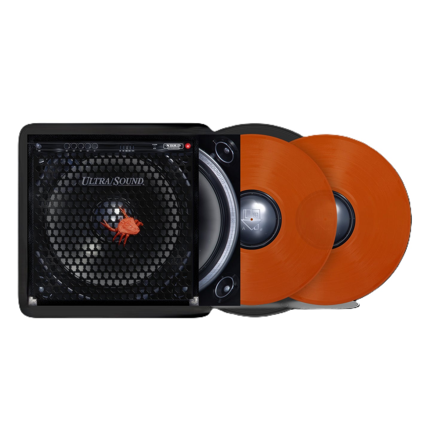 Two orange vinyl records with a tablet displaying album art.