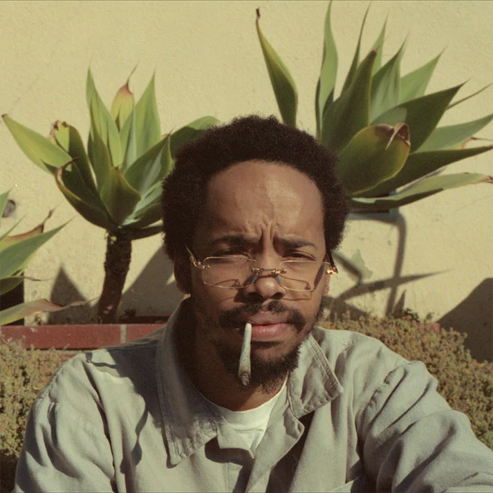 Earl Sweatshirt portrait with glasses and a lit cigarette, vinyl record art.
