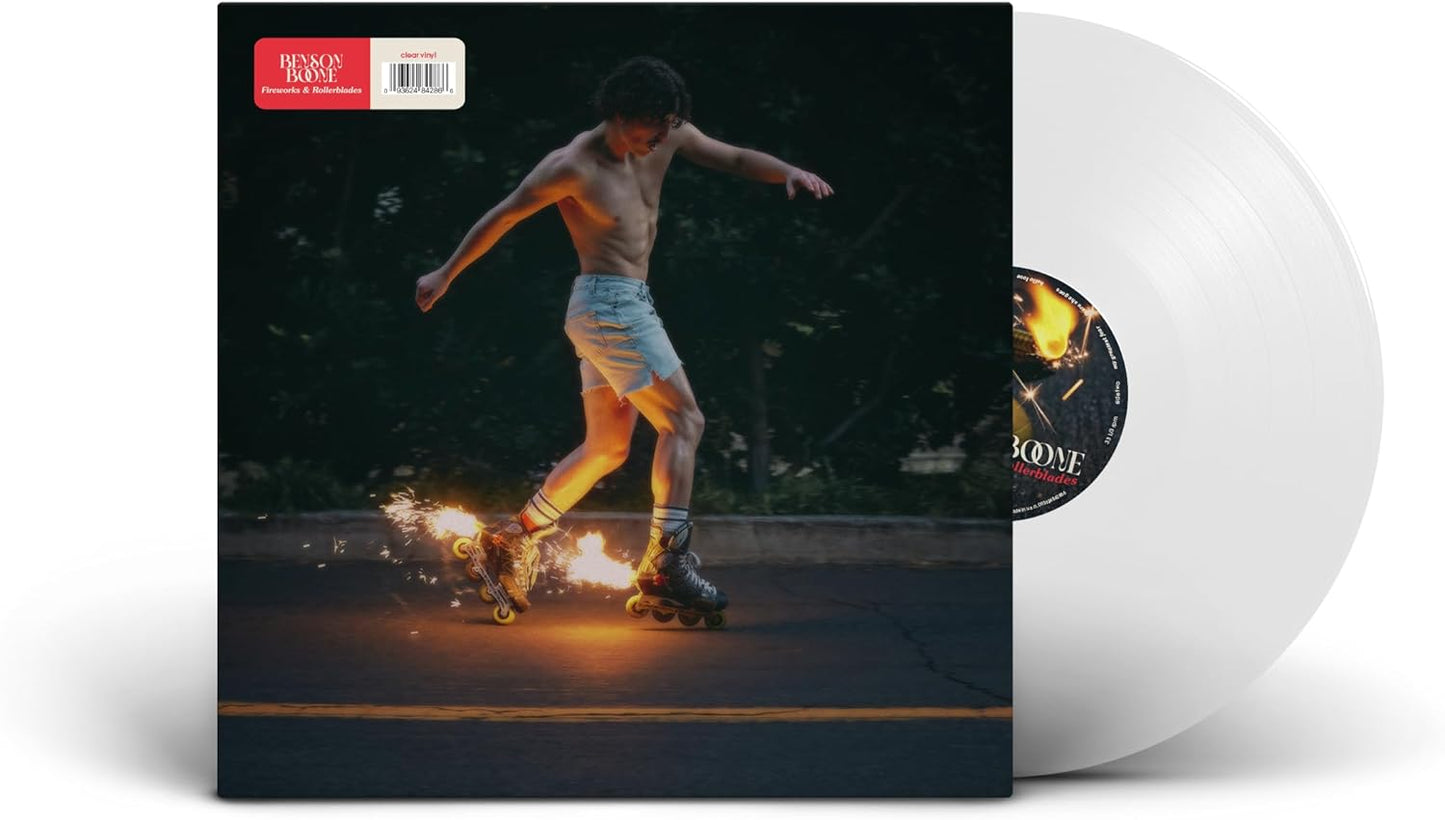 Benson Boone "Fireworks & Rollerblades" vinyl record with a man roller skating.