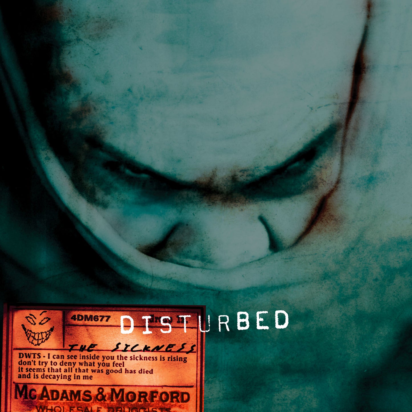 Disturbed album cover: distressed portrait with red and teal tones.
