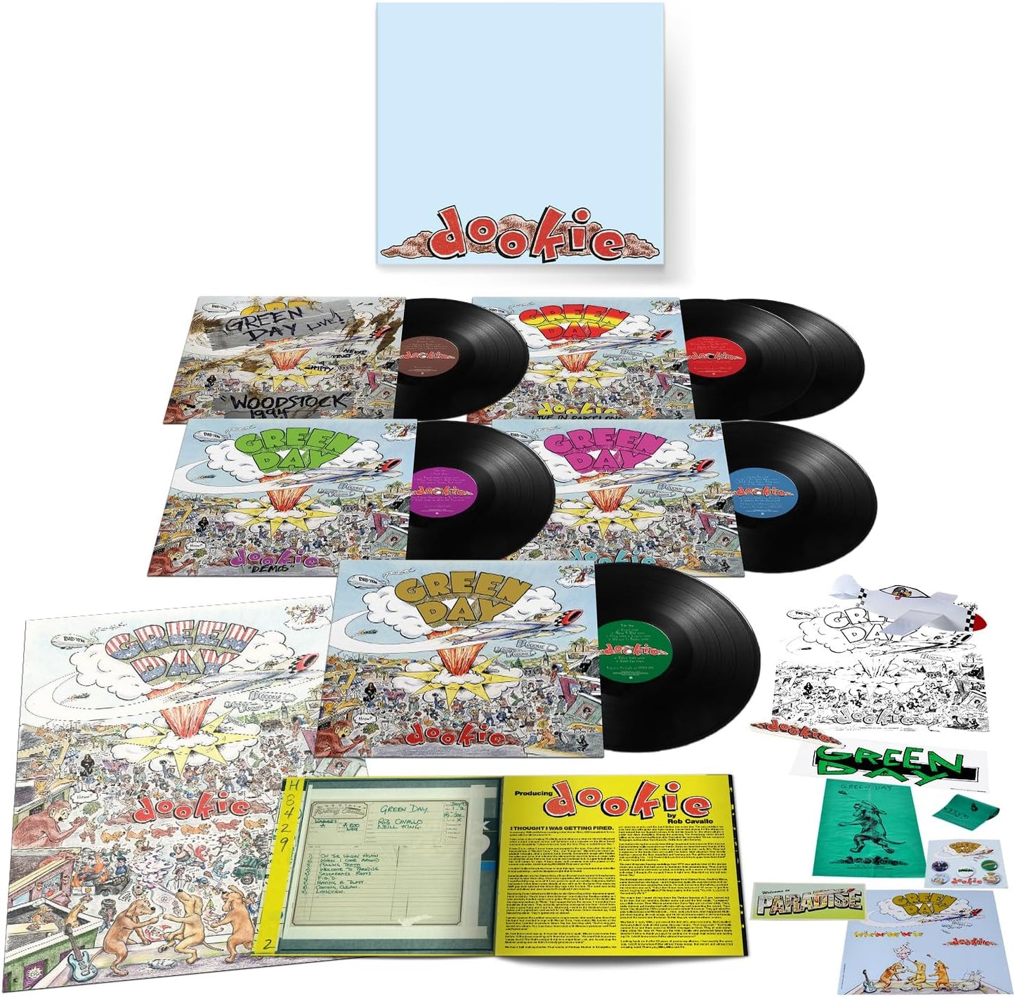 Green Day’s “Dookie” 30th Anniversary 6LP vinyl set with colorful packaging.