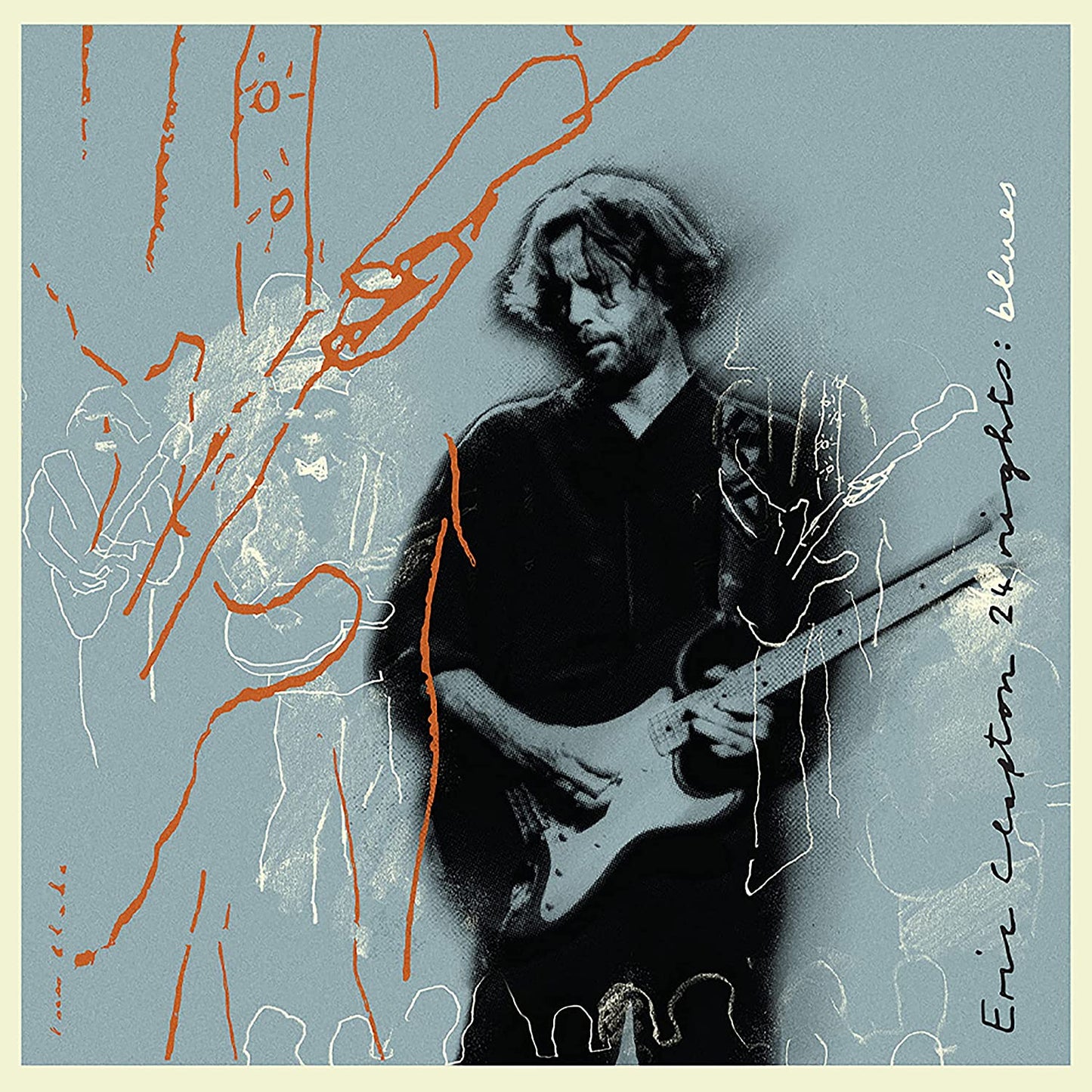 Eric Clapton playing guitar on album cover with blue and orange textures.