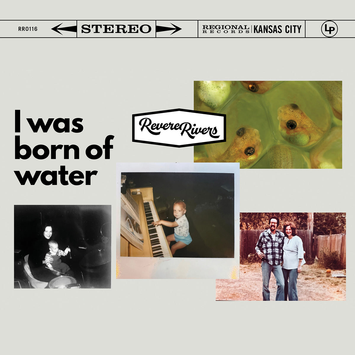 CD cover for "I Was Born of Water" by Revere Rivers, with collage imagery.