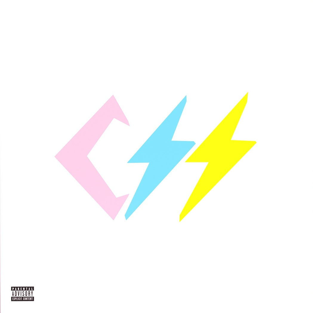 CSS album cover with pink, blue, and yellow lightning bolt graphics.