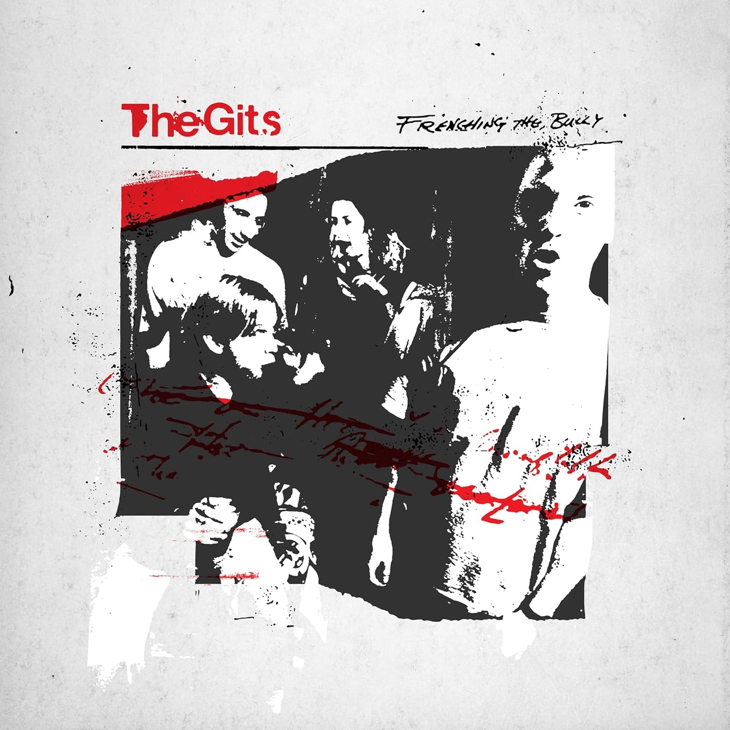 Black and white vinyl record cover featuring a band portrait with red accents.