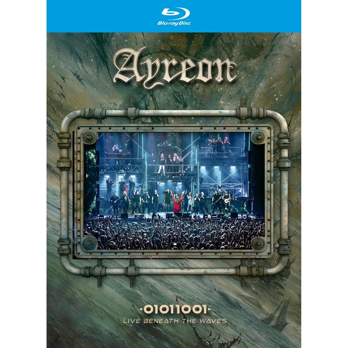 Blu-ray cover featuring Ayreon performing live on stage inside a metal porthole frame.