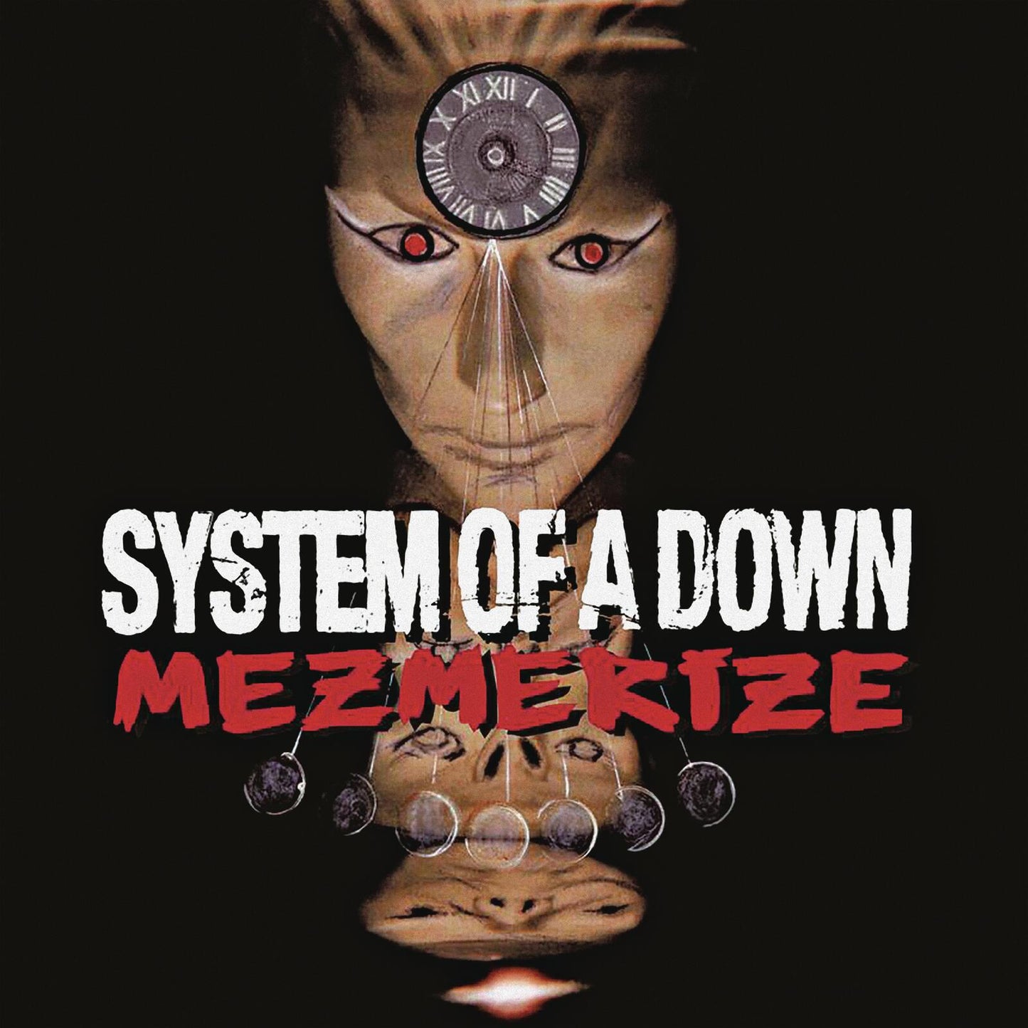 Album cover featuring a face with a clock forehead and red eyes on black.