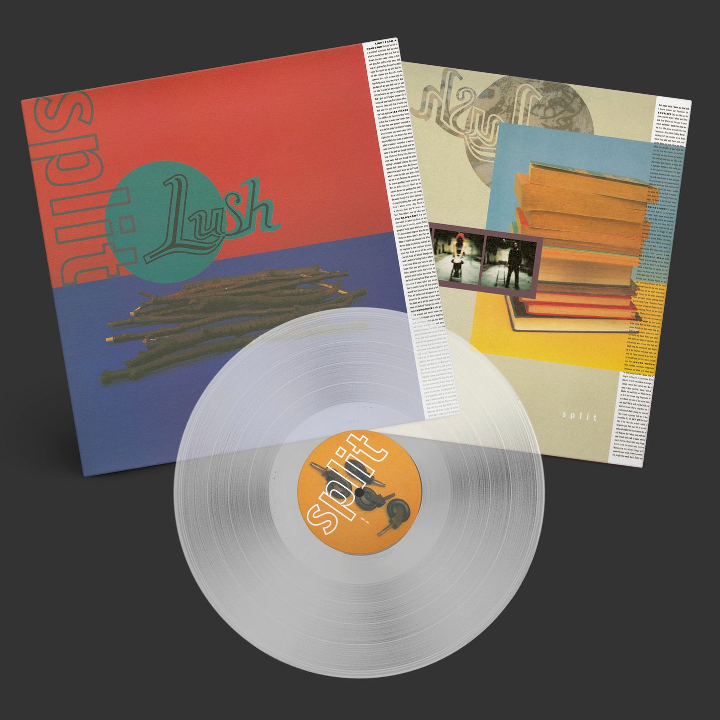 Clear vinyl record in front of the Lush Split album cover and lyric insert.