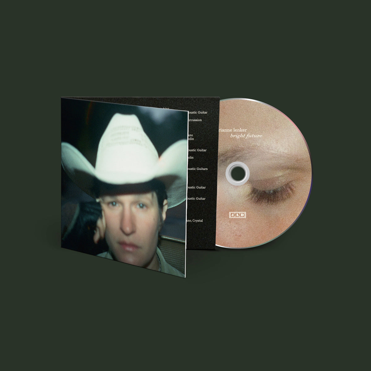 Adrianne Lenker's "Bright Future" CD case and disc with a portrait.