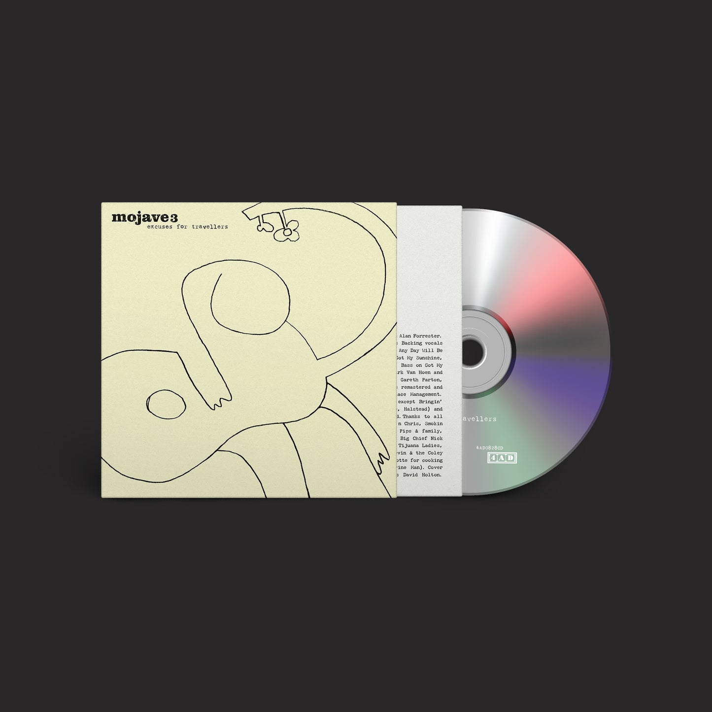 CD case for Mojave 3’s “Excuses For Travellers” (2026 Remaster) with bird illustration.
