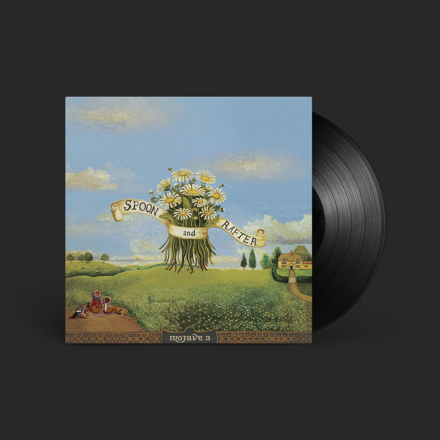 Mojave 3 album cover with flowers, a field, and a vinyl record.