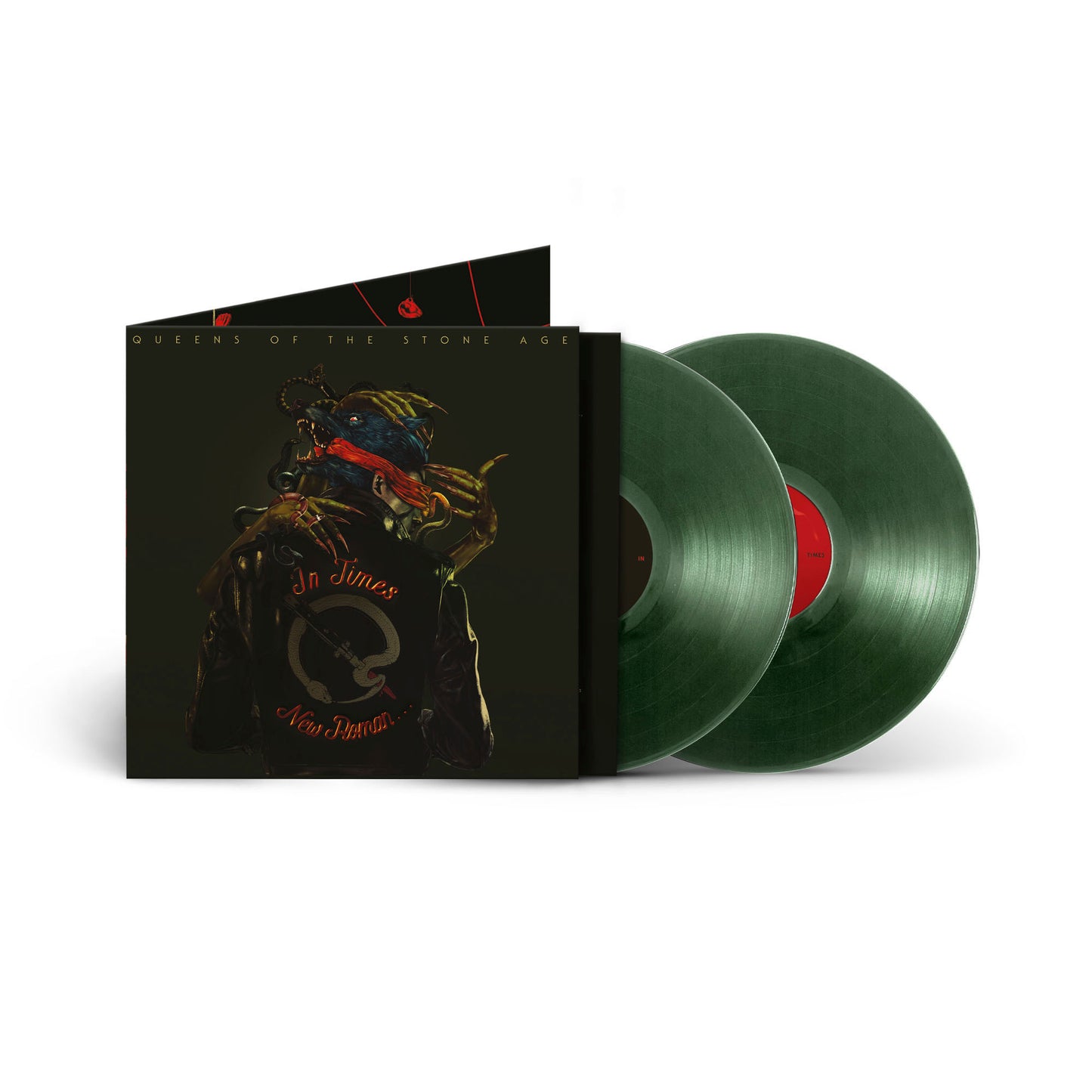 Queens of the Stone Age vinyl album, green records, ornate cover art.