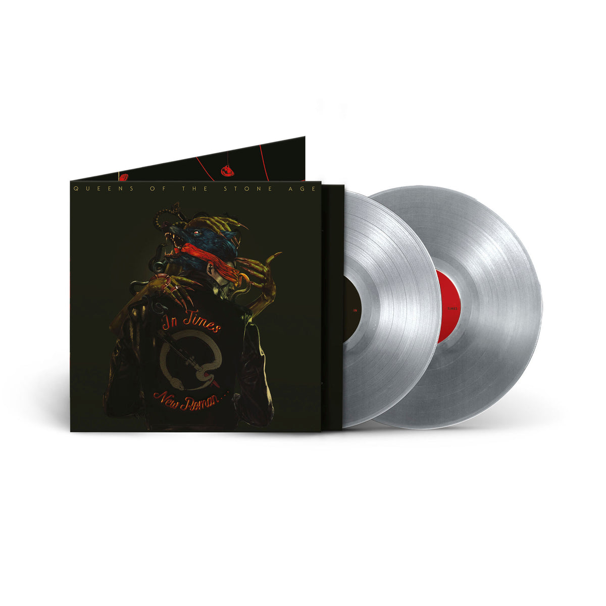 Queens of the Stone Age vinyl album cover and two grey records.
