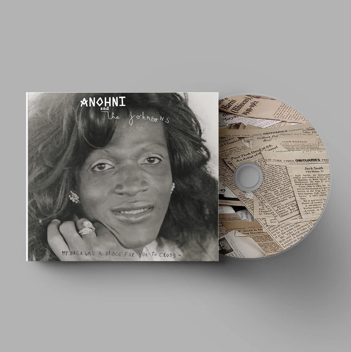 CD cover featuring a black and white portrait of Anohni with newspaper.
