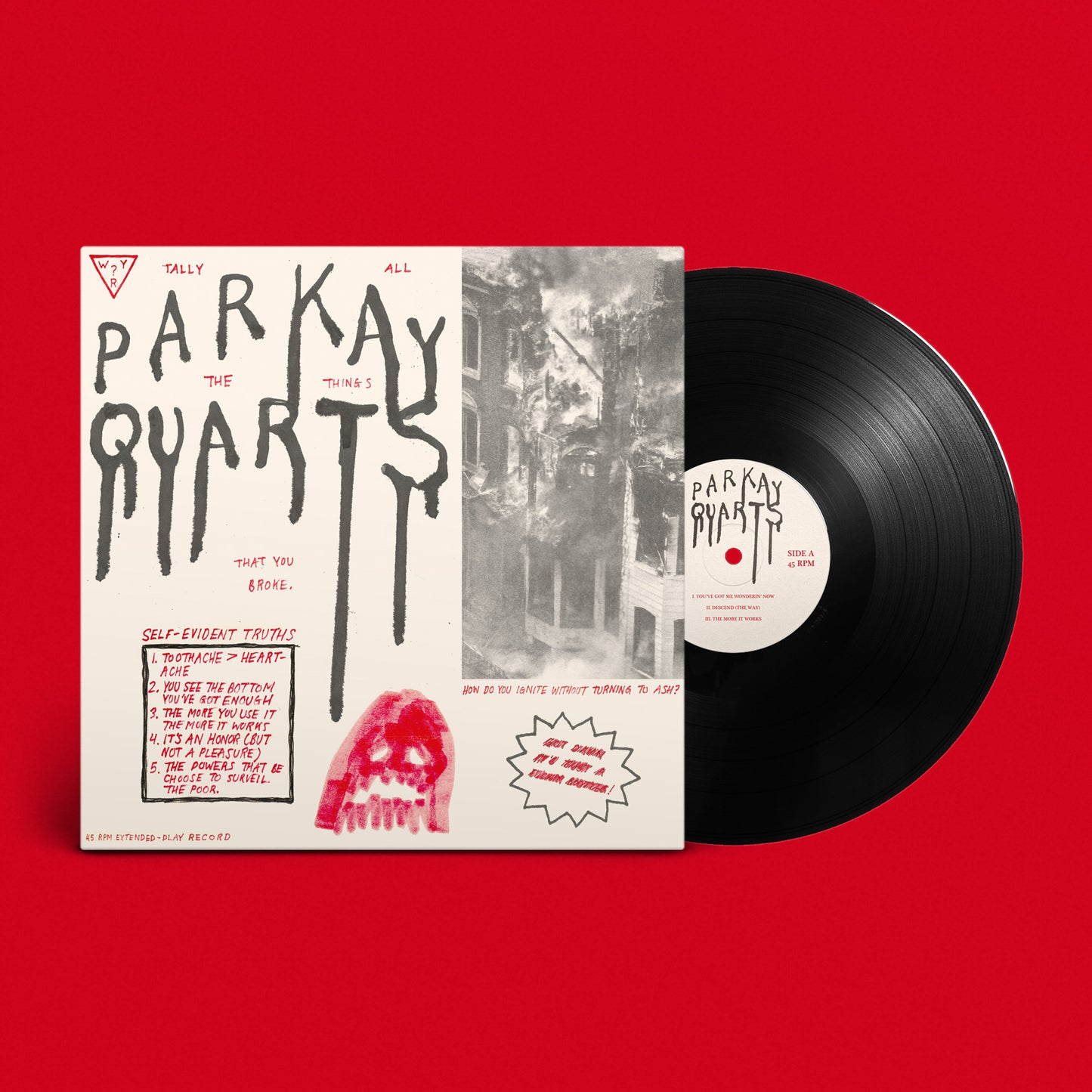 Parquet Courts vinyl record album cover and black record on red background.