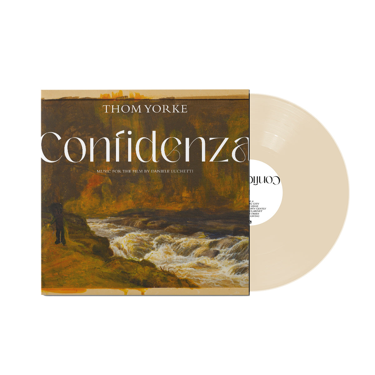 “Confidenza” soundtrack album cover with cream-colored vinyl record beside it.
