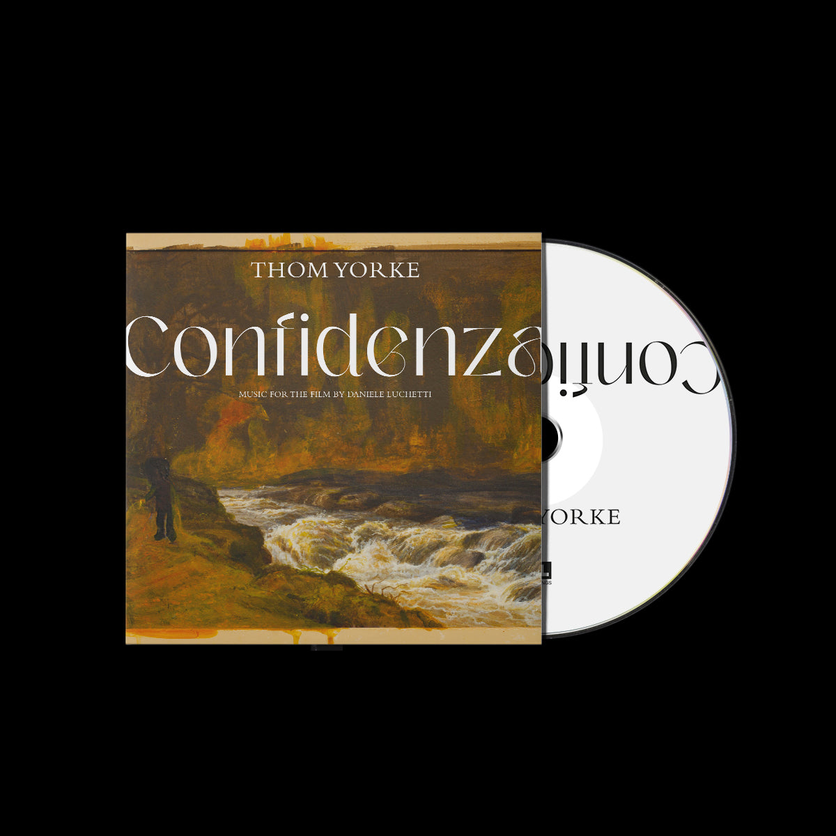 Thom Yorke's "Confidenza" CD case with a landscape and silver disc visible.