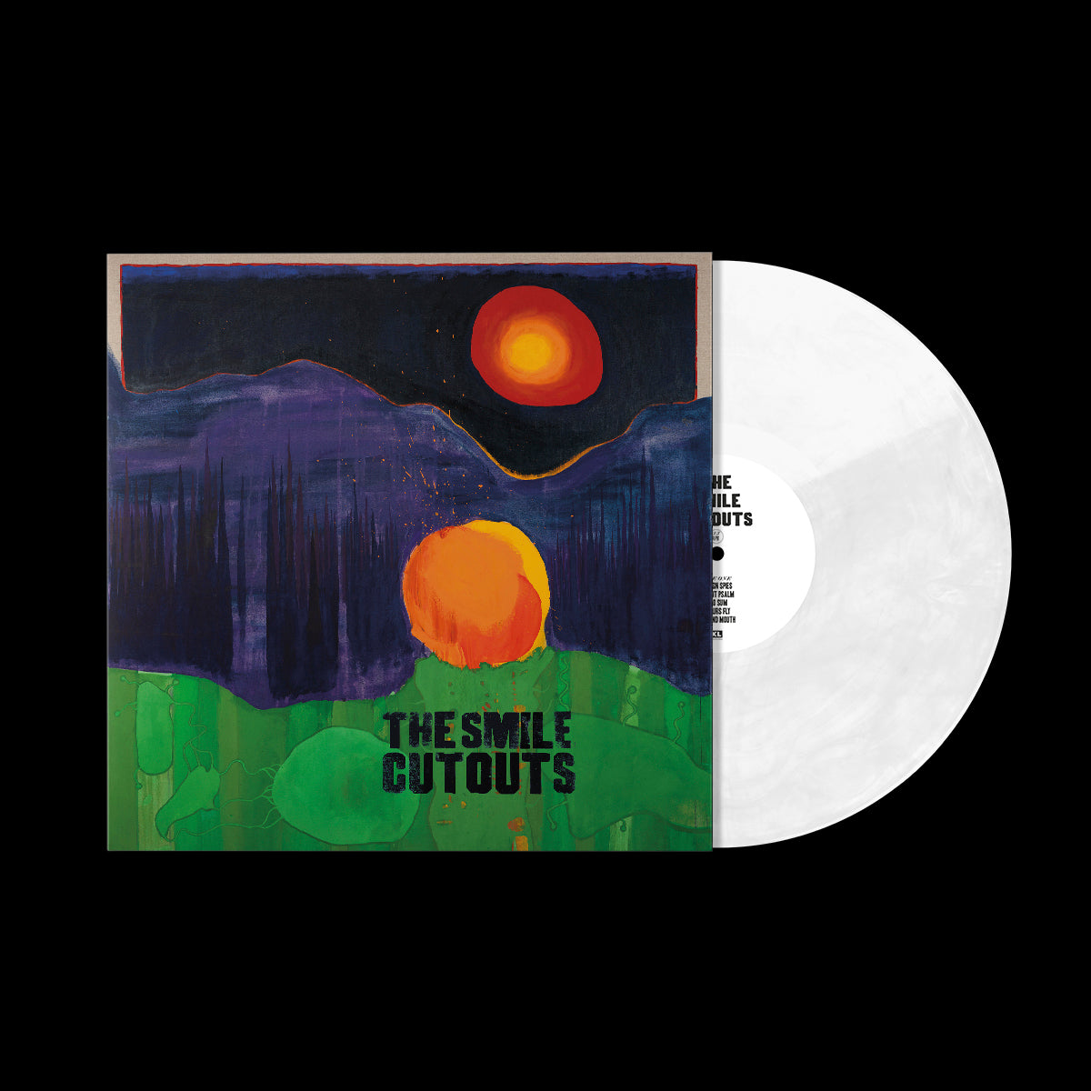White vinyl record with colorful landscape album art featuring a large orange sun.