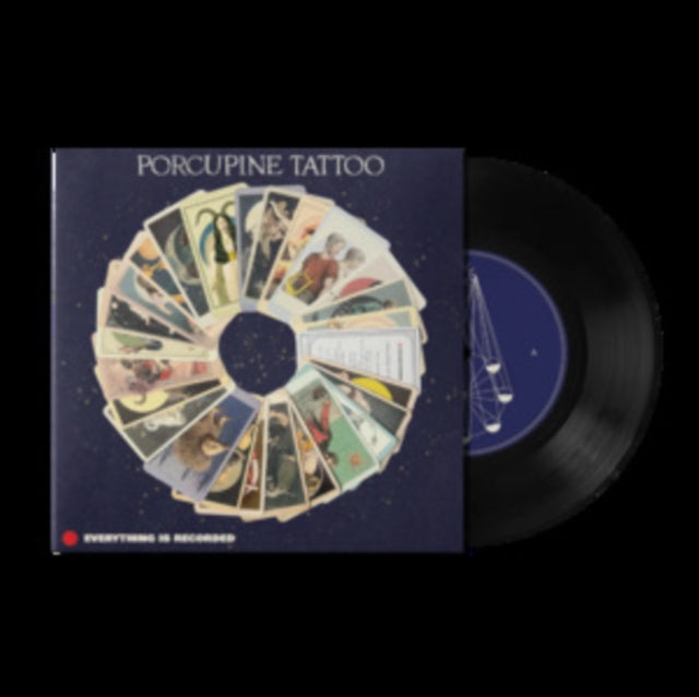 Vinyl record and cover art featuring a circular tarot card design.