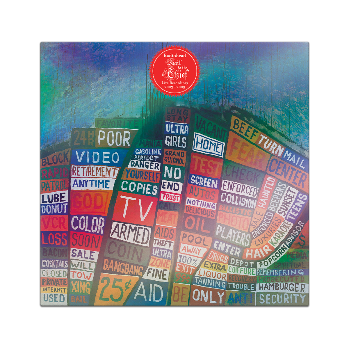 Radiohead’s “Hail to the Thief” vinyl record cover with text collage.