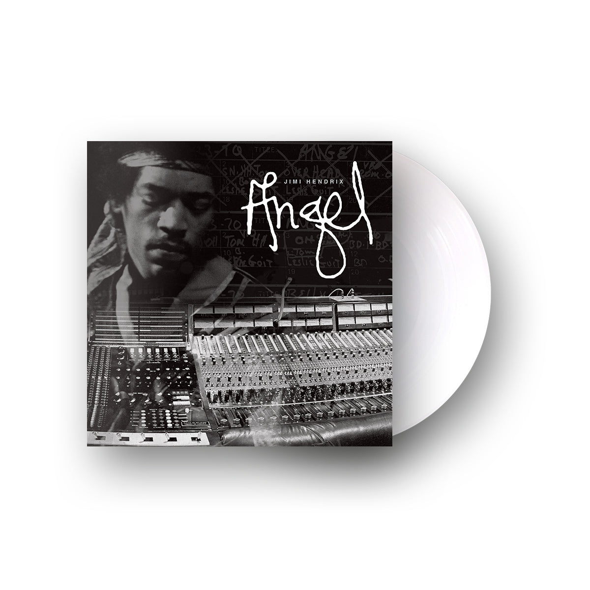 Jimi Hendrix vinyl record cover with portrait and musical score.