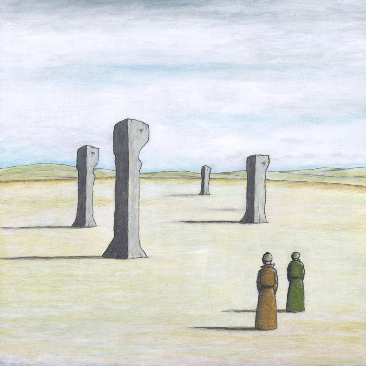 Painting of stone pillars in a landscape, with two figures in foreground.