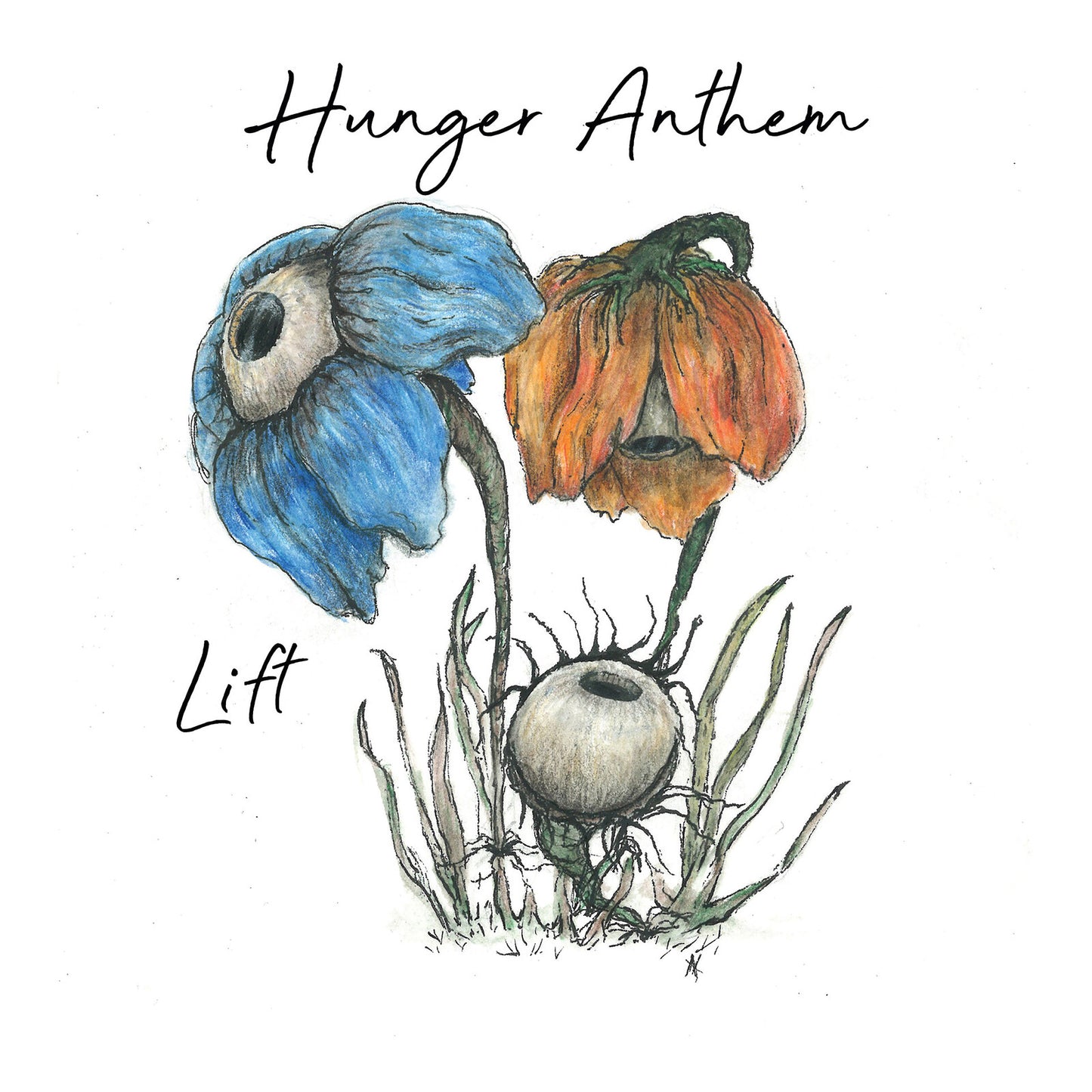 Album cover for Hunger Anthem’s “Lift” featuring illustrated blue, orange, and grey flowers.