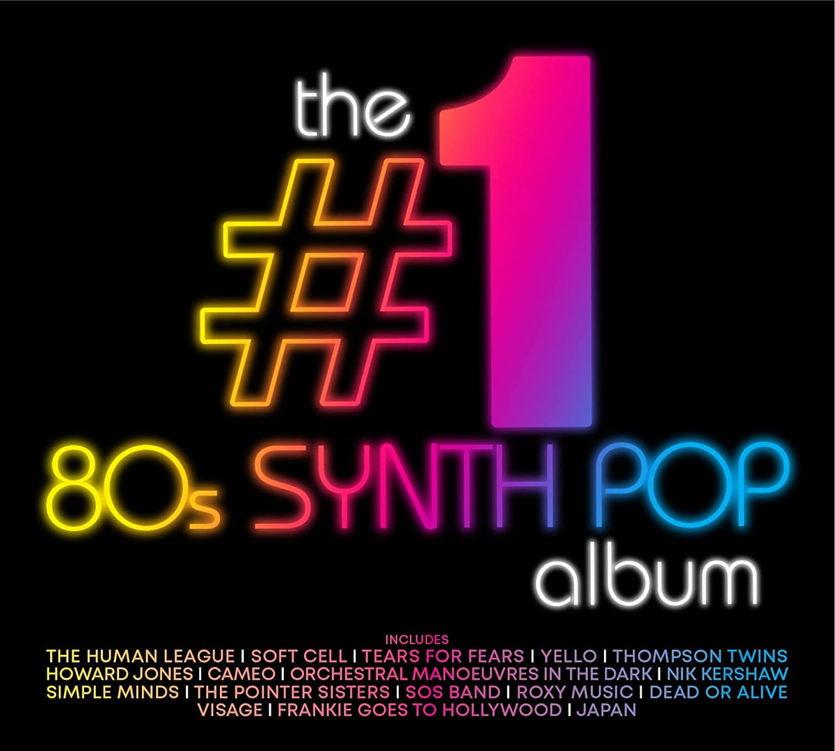 80s synth pop album cover with neon text and pink geometric shapes.