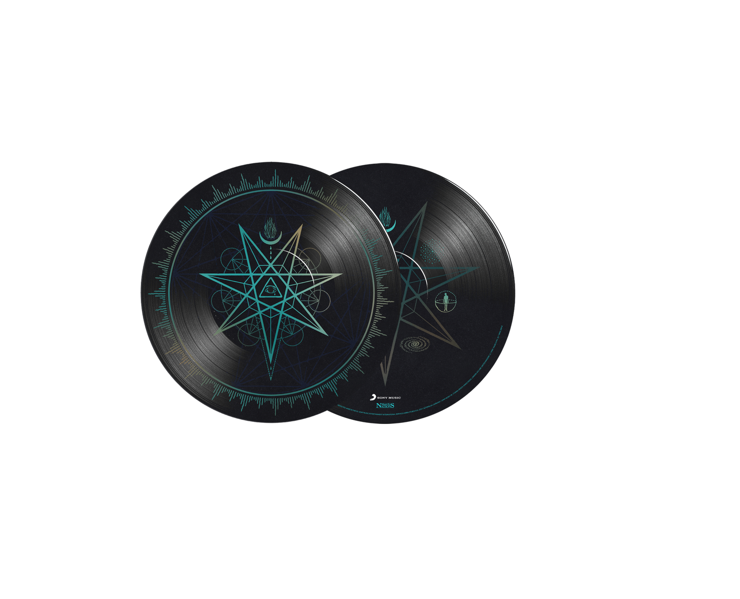 Two black vinyl records with a geometric star design on labels.