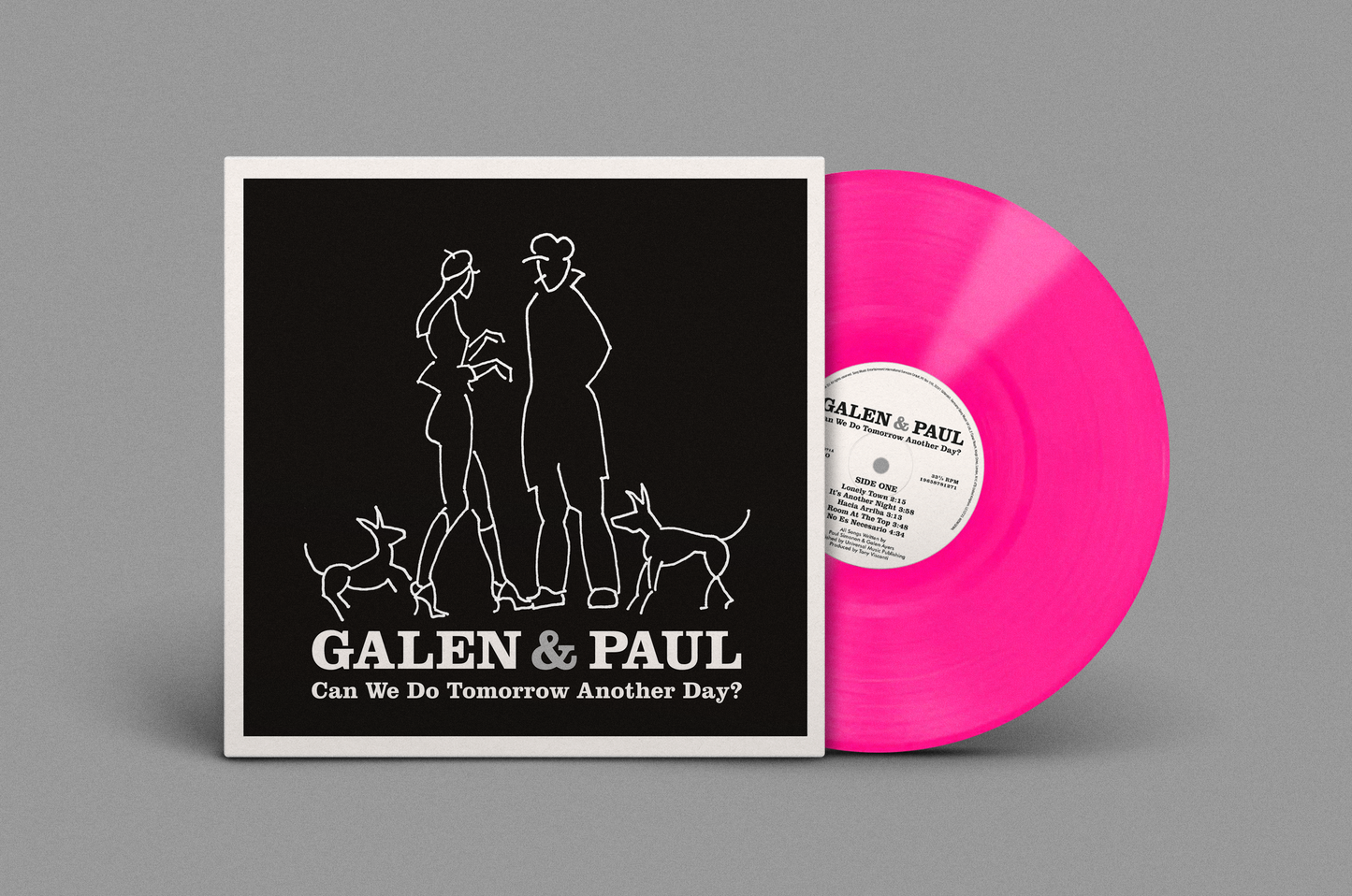 Pink vinyl record with black and white cover art of figures and animals.