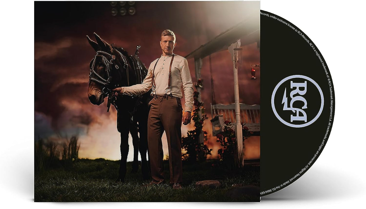 Tyler Childers album cover, "Rustin' in the Rain," featuring a man and horse.