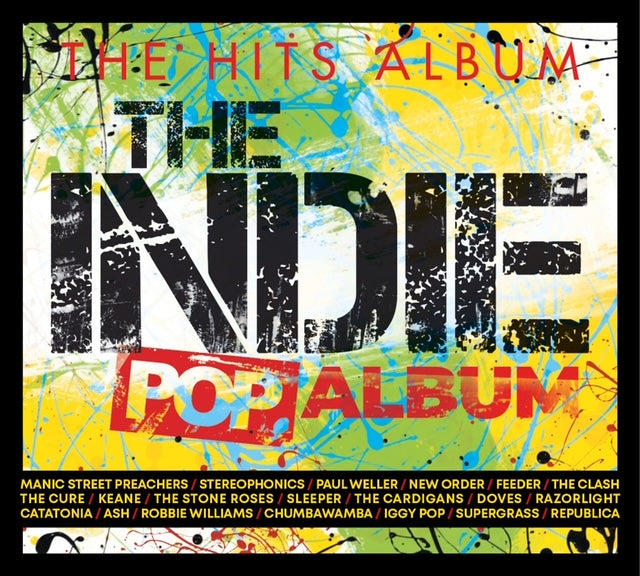 CD cover with colorful, textured text reading "The Hits Album - The Indie Pop Album".