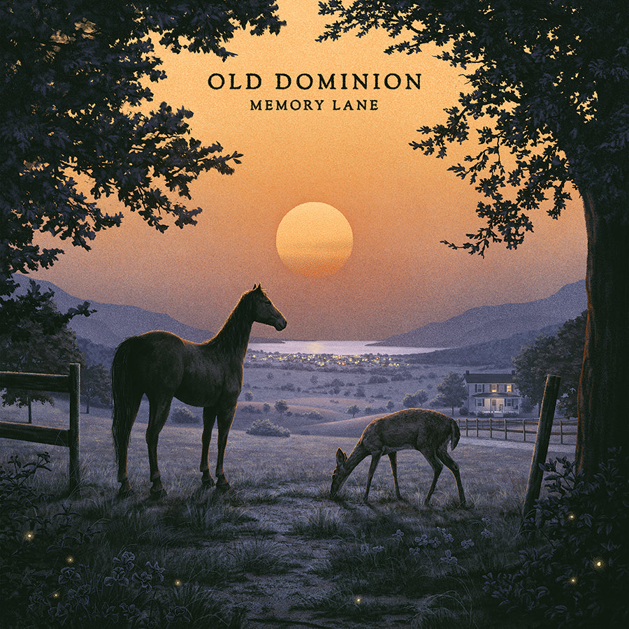 Old Dominion “Memory Lane” album cover with horse, deer, and sunset.