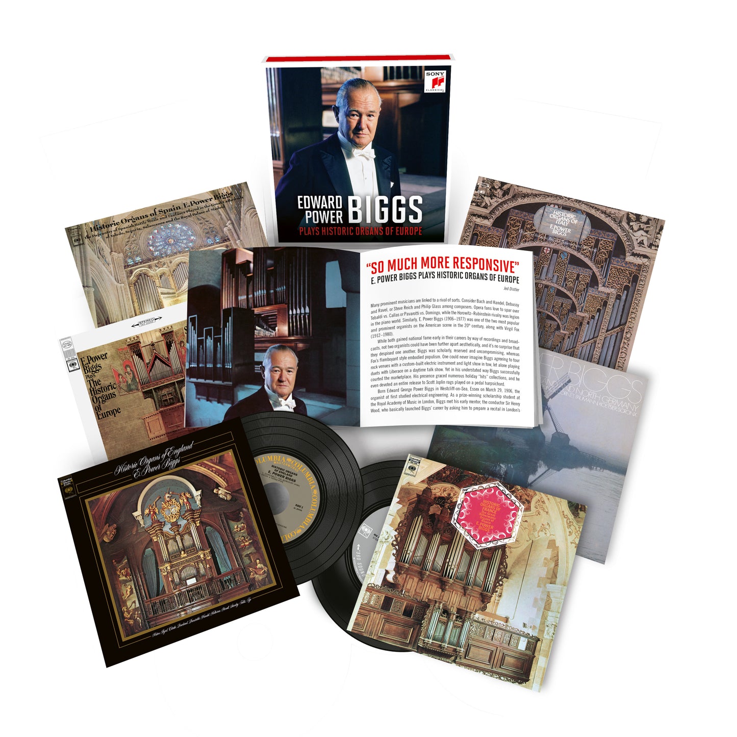 CD case for “E. Power Biggs Plays Historic Organs Of Europe” featuring a portrait.