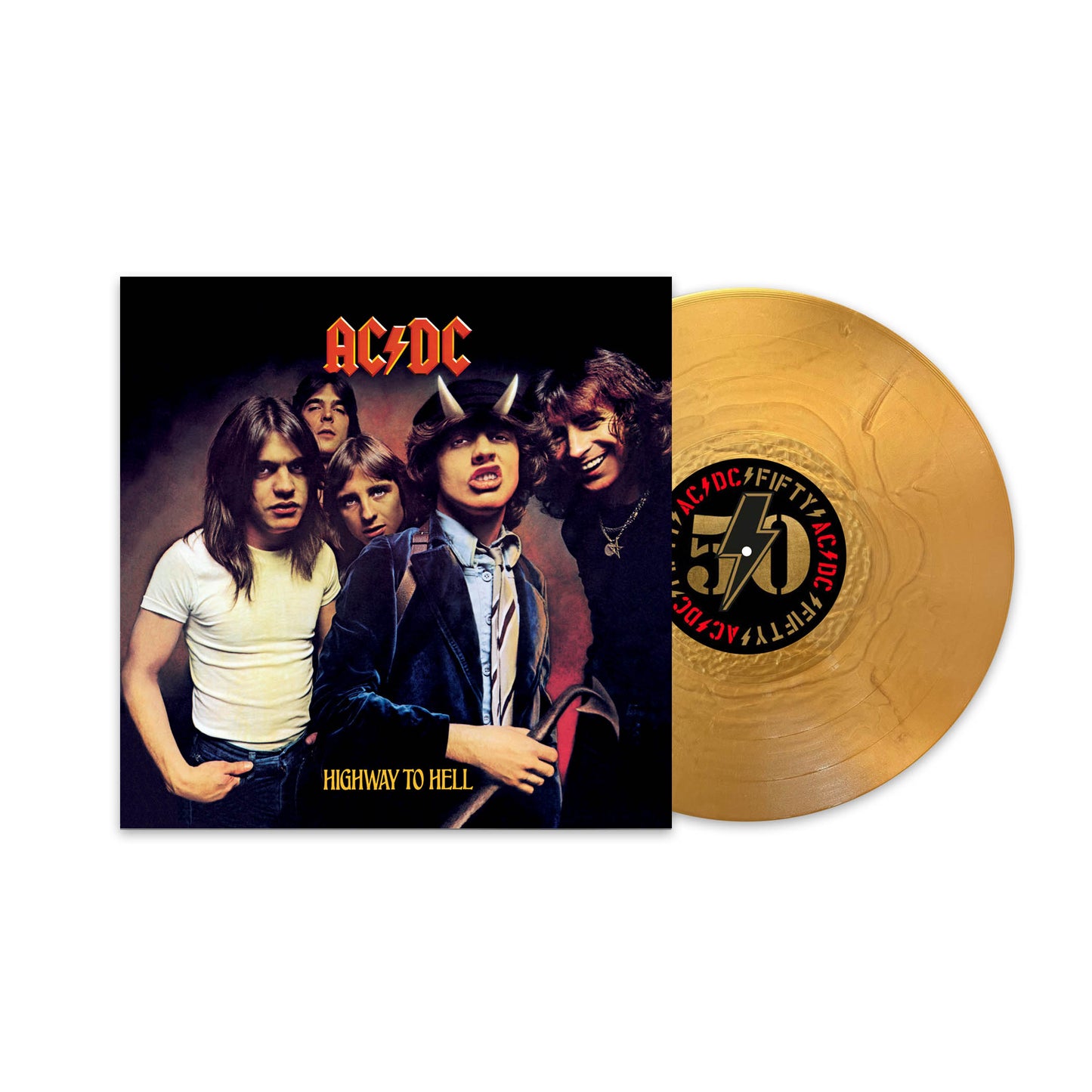 AC/DC Highway to Hell album cover next to a gold vinyl record.