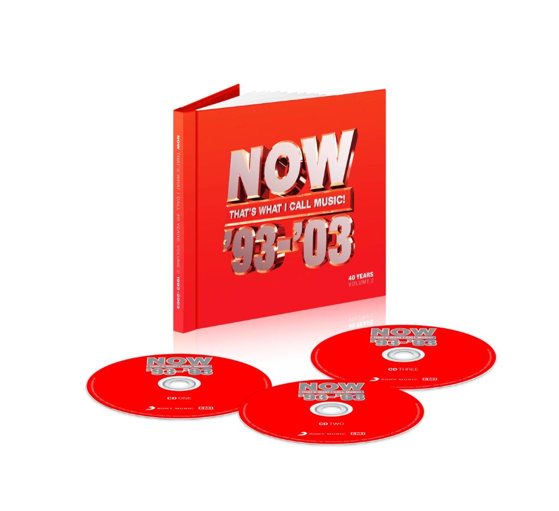 Red “NOW” compilation CD case with three discs displayed below.