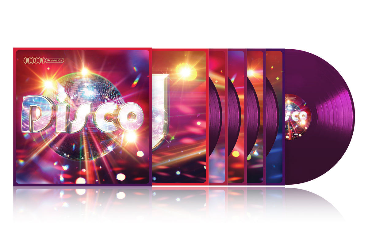 NOW Presents…Disco vinyl record set with colorful, reflective imagery.