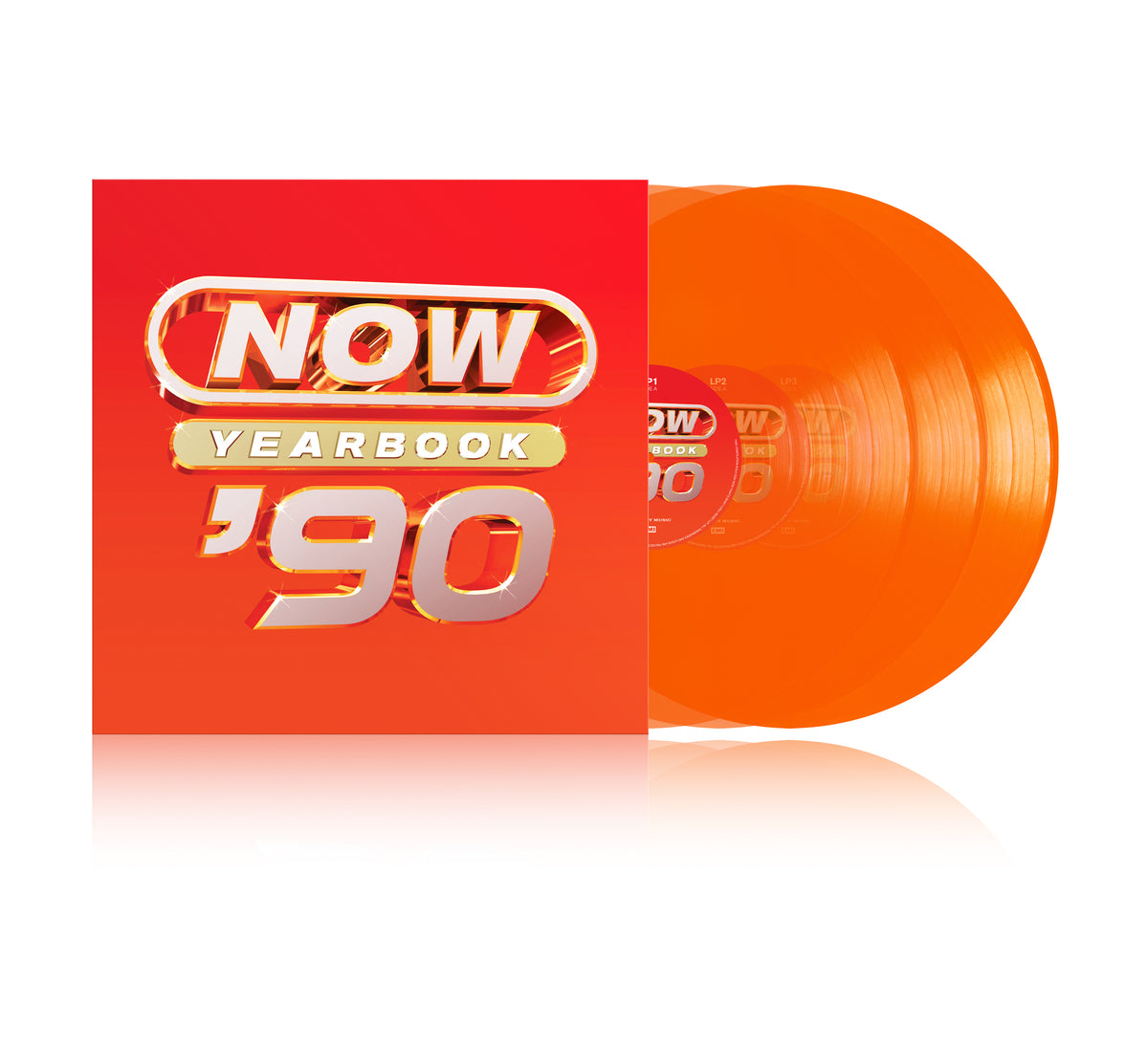 Red "NOW Yearbook '90" vinyl record and album cover with orange accents.