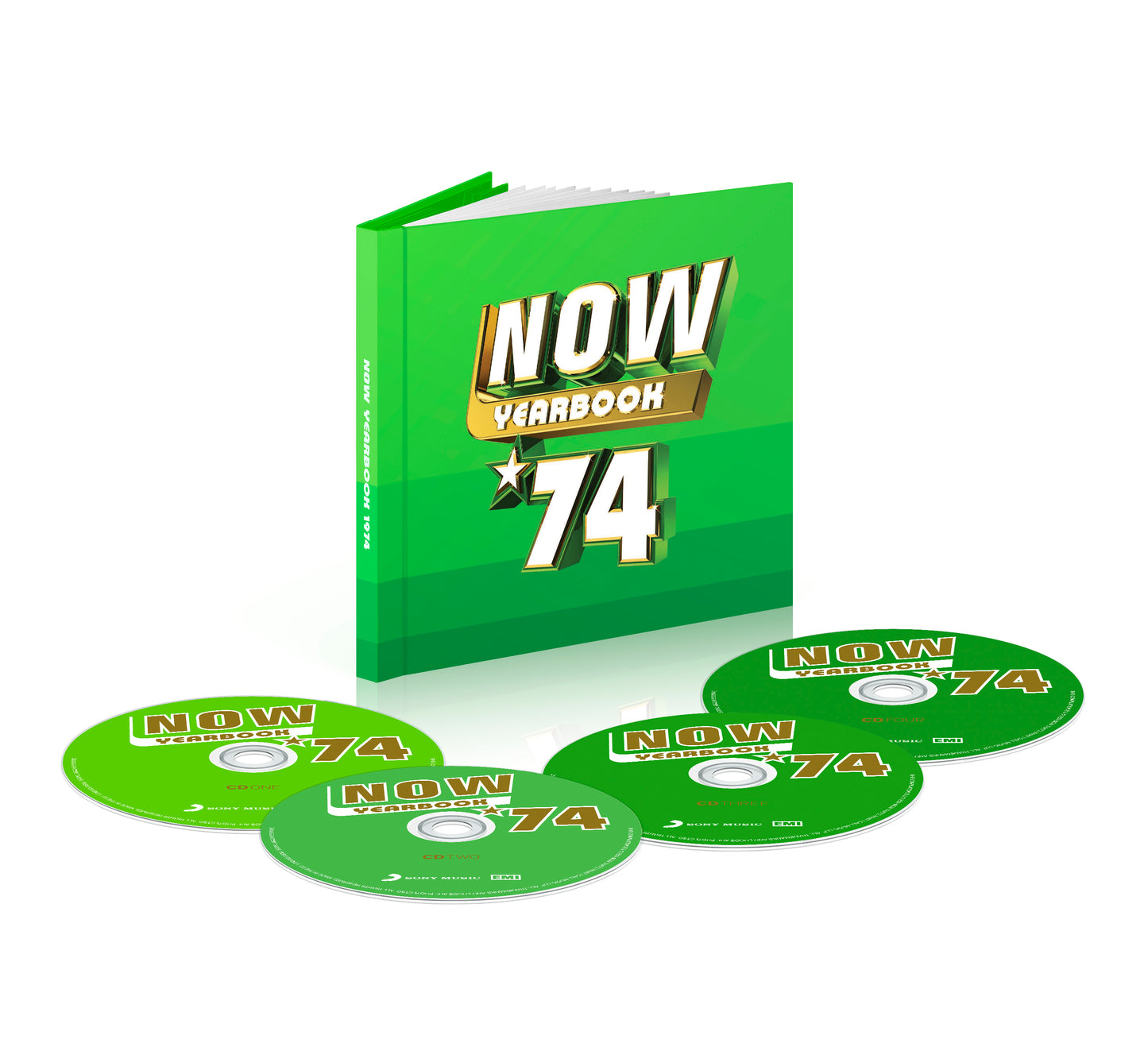 Green “NOW Yearbook 1974” CD package with three discs displayed.