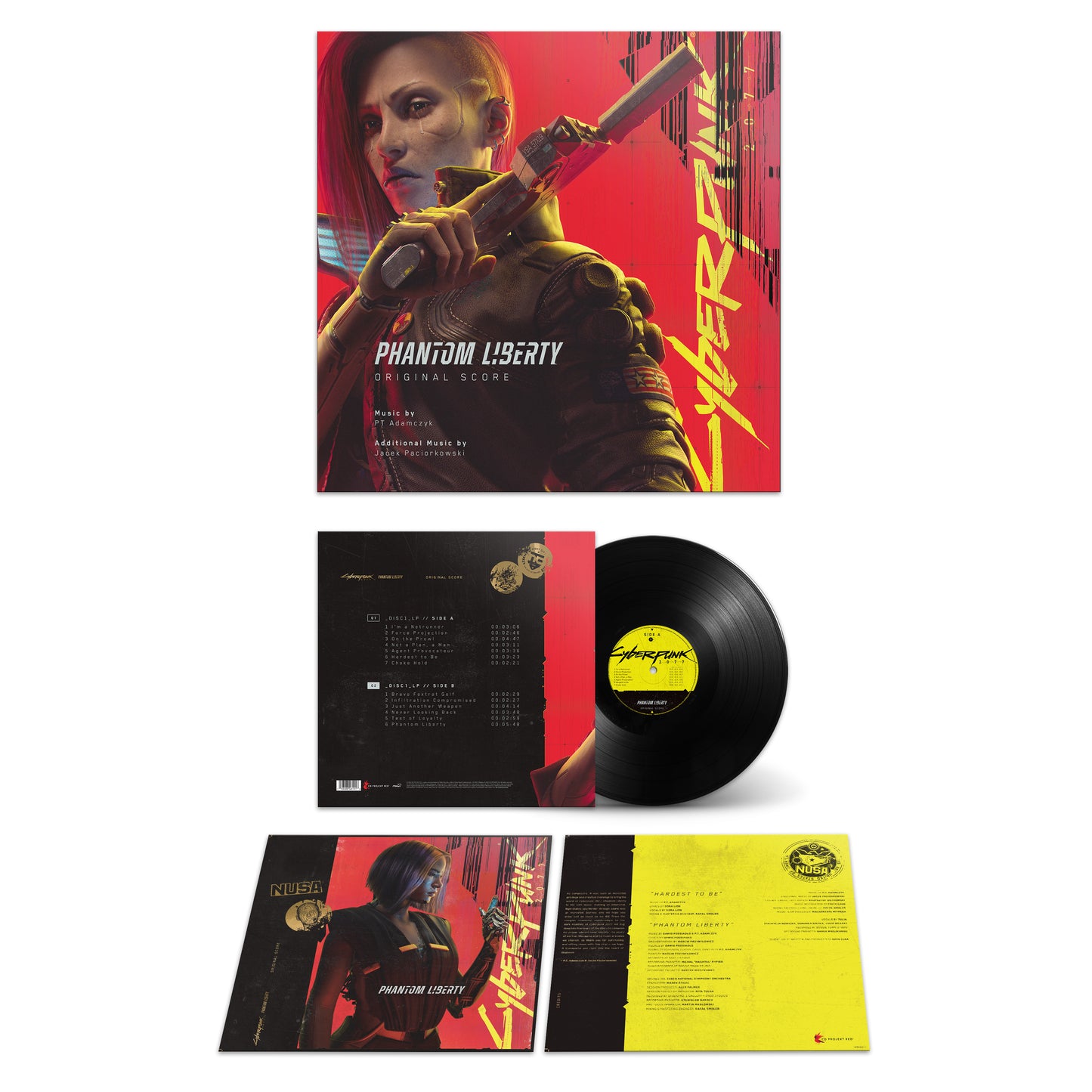 Cyberpunk 2077 Phantom Liberty vinyl record set including cover art, back tracklist, and disc.