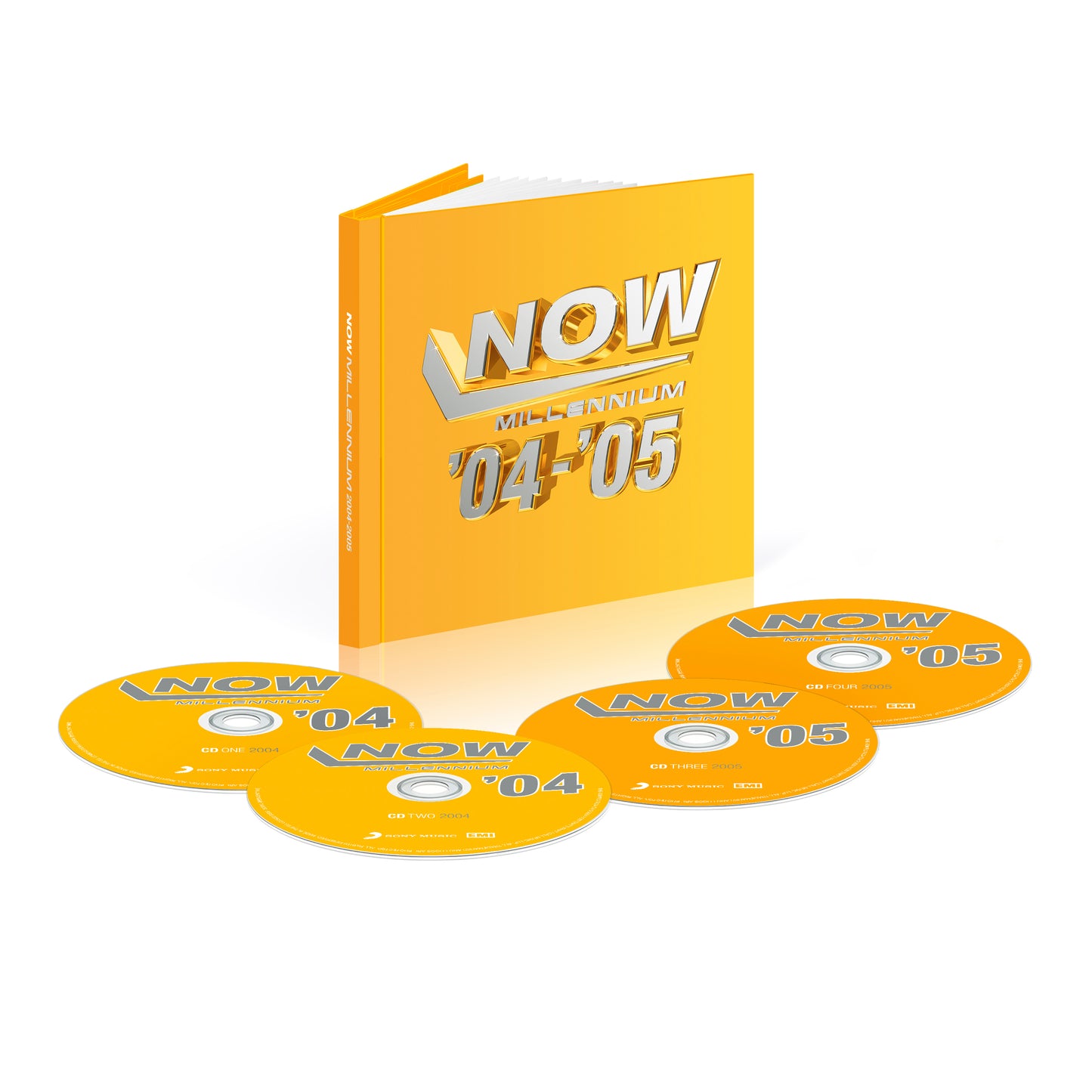 Yellow CD box set titled "NOW Millennium 04-05" with multiple discs visible.