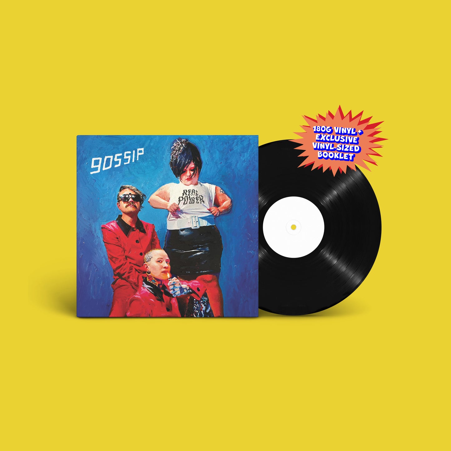 Gossip's "Real Power" vinyl record with painted cover art and yellow background.