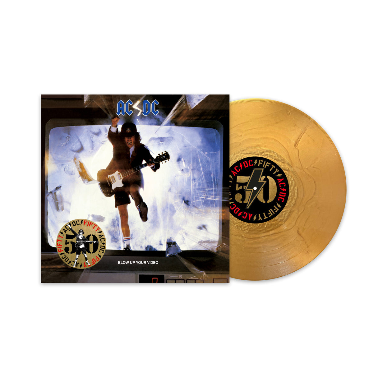 AC/DC "Blow Up Your Video" vinyl record and golden disc label.