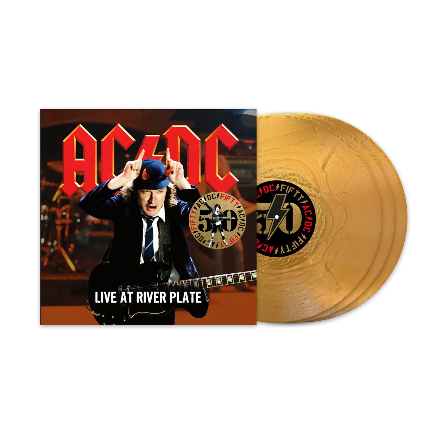 AC/DC Live at River Plate album cover with two gold vinyl records.